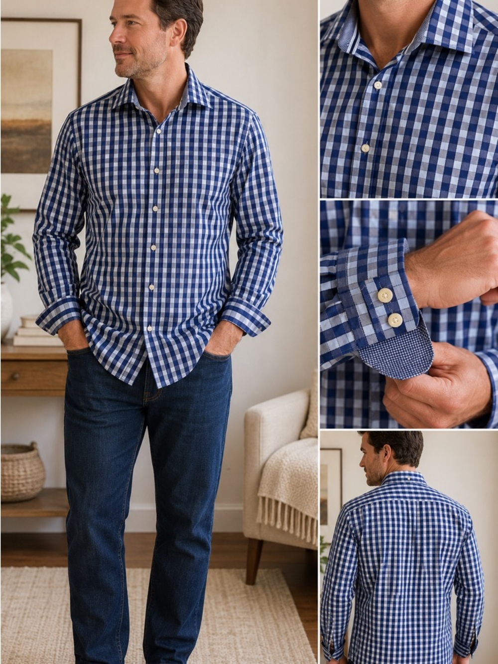 Tailorbyrd Collection Men’s XL Blue White Plaid Check Cotton Button Down Shirt